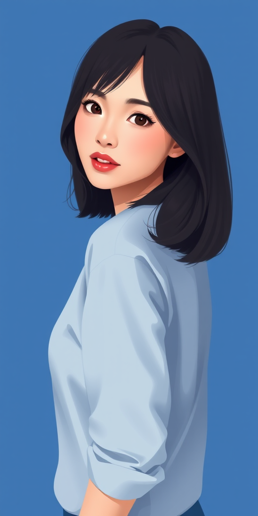 Create a digital illustration of a woman with shoulder-length dark hair, wearing a light blue shirt, standing against a solid blue background, slightly positioned to the left, using a soft focus effect, 35mm lens, f/2.8 aperture, natural lighting with a warm tone.