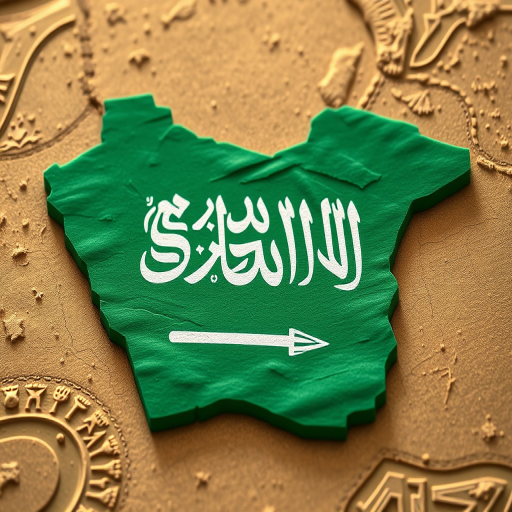 Create an image of the map of Saudi Arabia overlaid with its national flag, shot with a Canon EOS R5, 50mm lens, f/1.8 aperture, ISO 100, in a vibrant natural light setting, capturing intricate details of the flag and map textures.