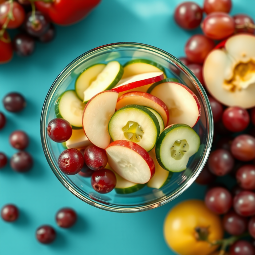 Create a vibrant digital illustration of a fruit salad in a clear glass bowl featuring sliced apples, cucumbers, and grapes, captured in high resolution with a DSLR camera, 50mm lens, f/2.8 aperture, ISO 100, natural lighting, top-down view.