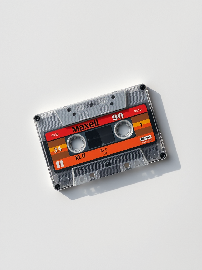 high-resolution image of a Maxell XL II 90 cassette tape on a plain background, 50mm lens, f/2.8 aperture, ISO 100, natural lighting, top-down view
