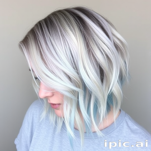 Edgy asymmetrical lob in platinum blonde, featuring dark roots and icy blue tips, styled with tousled waves for a cool, contemporary look