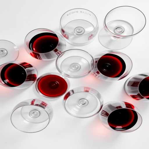 Create an image of a grid of nine wine glasses, using a Canon EOS R5, with a focal length of 50mm, aperture set to f/2.8, ISO 100, in high resolution, top-down view, minimalistic style, on a plain white background.