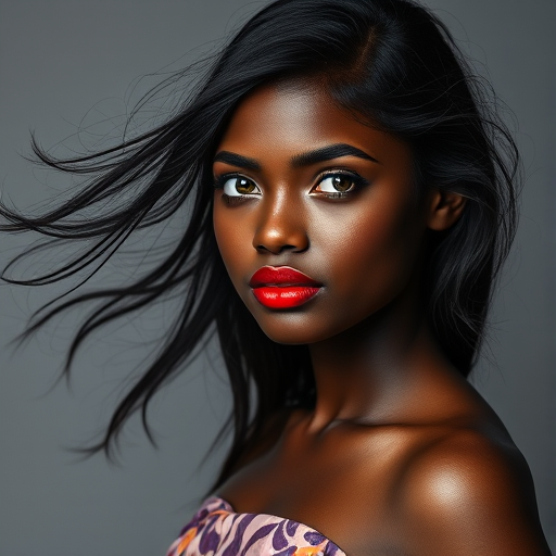 Photographic image of a beautiful young Mulatto woman, green eyes, lips with red lipstick, long hair fluttering in the wind and wearing a silk strapless dress with a soft purple and orange print. monochrome image with only color highlights in the iris of the eyes, lipstick and dress. Gray background.