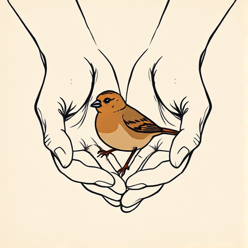 a pair of hands gently cradling a small, brown sparrow in a minimalist, sketched style on a textured background