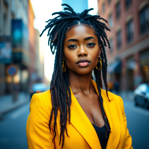 portrait of a confident woman with styled dreadlocks wearing a vibrant yellow blazer standing in an urban setting with blurred background, natural light, aperture f/1.8, shutter speed 1/200s, ISO 100, DSLR, 50mm lens, shallow depth of field, vibrant colors