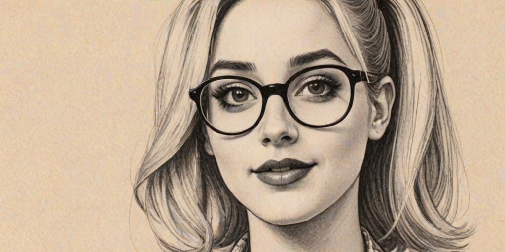Fetching Harley Quinn Smith, pencil sketch, portrait of Delightful woman 1970s in glasses, hair style beatnik, outline, clear lines, fine lines, 8k