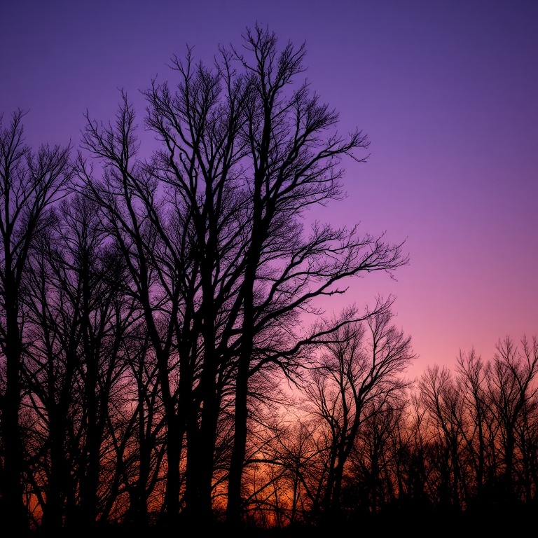silhouettes of barren trees against a twilight sky, soft gradient of purple and orange hues, captured with a DSLR camera at f/8 aperture, 1/60 sec shutter speed, ISO 200, shot in landscape orientation for enhanced depth and clarity