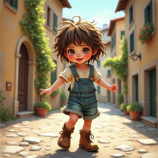 Whimsical little 3-year-old girl wearing scruffy tomboy clothes, boots, messy hair heavily blushed cheeks, pink lips, closely dancing in the street of an Italian village,Textured painterly fantasy artistic mixed media