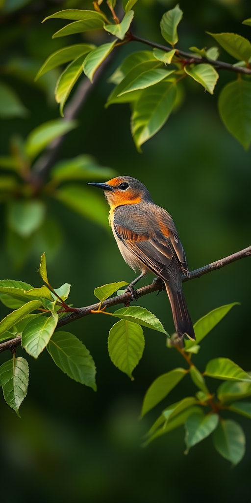 Generate an image of a bird perched on a branch with lush green leaves, shot with a Canon EOS 5D Mark IV, 85mm lens, aperture f/4, ISO 200, 1/250 sec, natural light, shallow depth of field for enhanced background blur.