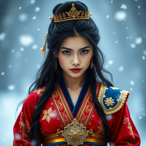 A young woman with long black hair styled in a high bun, adorned with a gold crown and intricate hair ornaments, stares intently at the viewer. She wears a vibrant red and gold embroidered robe with blue accents, a gold belt with a large ornate buckle, and a blue and gold shoulder piece. The woman is positioned in the center of the frame, with the background blurred and filled with falling snow. The image has a soft, ethereal feel with a focus on the woman's face and attire, creating a portrait-like composition. The colors are rich and saturated, with the red, gold, and blue of the clothing standing out against the muted blue and white of the snowy backdrop. The lighting is soft and diffused, casting a warm glow on the woman's face.  The overall mood is elegant and mysterious.  The details of the woman's attire, especially the intricate embroidery and embellishments, add a sense of opulence and grandeur.  The falling snow further enhances the sense of winter magic and wonder.