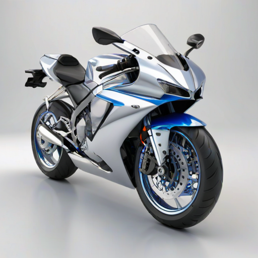 create a detailed illustration of a sleek, silver sports motorcycle with a modern design, showcasing its aerodynamic features, shiny chrome exhaust, and vibrant blue seat, against a plain white background