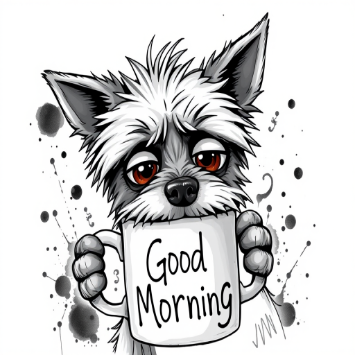 A quirky, artistic illustration of a disheveled bossie dog breed with exaggerated, large eyes and spiky fur, holding a coffee mug that reads "Good Morning". The dog has a tired but humorous expression, with ink splatters and abstract details surrounding it, giving a whimsical feel to the image. The color palette is mostly monochrome with hints of black in the eyes and steam rising from the mug, enhancing the overall sleepy vibe