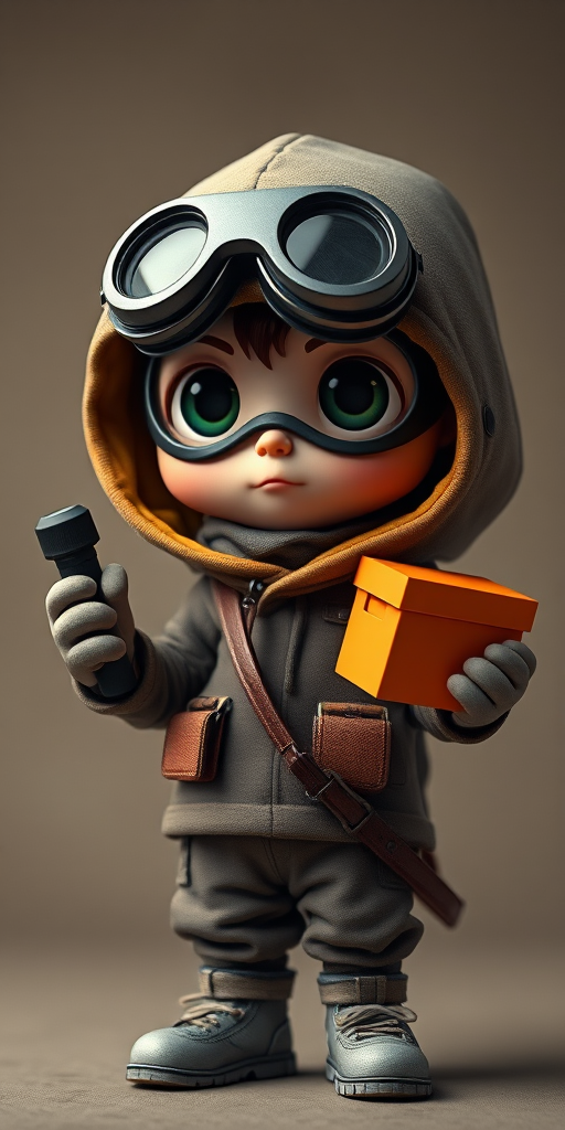 Create a cartoon character wearing a hooded outfit with large goggles, holding a black object in one hand and an orange box in the other, shot with a DSLR camera at f/8, ISO 100, 50mm lens, with a soft focus background to enhance the image quality.