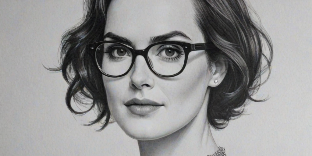 Beauteous Michelle Dockery, pencil sketch, portrait of Enchanting woman 1956s in glasses, hair style beatnik, outline, clear lines, fine lines, 8k