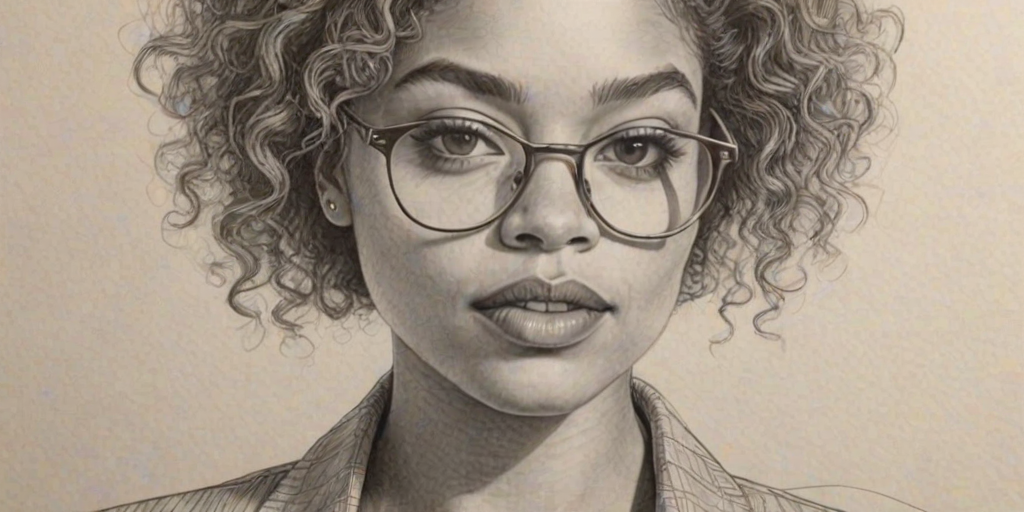 Exquisite Antonia Thomas, pencil sketch, portrait of Captivating woman 1980s in glasses, hair style beatnik, outline, clear lines, fine lines, 8k