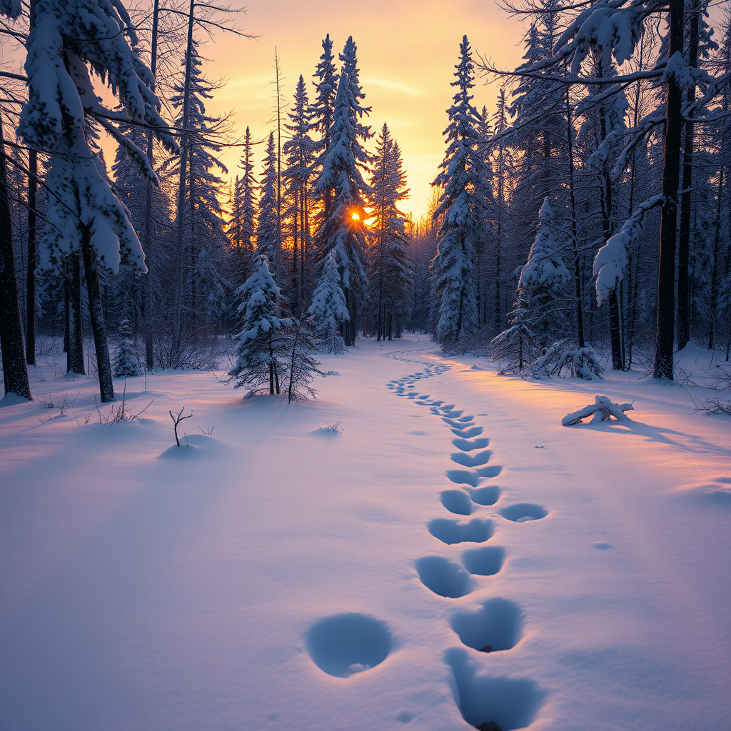 winter forest at sunset with snow-covered trees and footprints in the snow, soft focus, high dynamic range, f/8 aperture, ISO 100, 24mm lens, golden hour lighting, DSLR camera