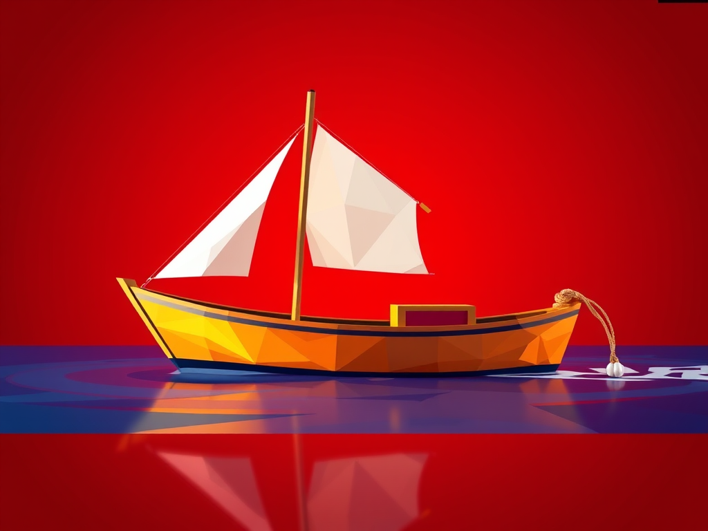create a low-poly style illustration of a stylized boat with geometric shapes, vibrant colors, and set against a deep red background, shot with a high-resolution DSLR camera at f/8 aperture, 50mm lens, ISO 100, in a bright, well-lit studio setting