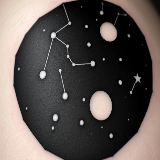 Blackout tattoo with negative space design revealing constellations and celestial bodies, solid black ink with precise white ink details, astronomical accuracy and otherworldly allure