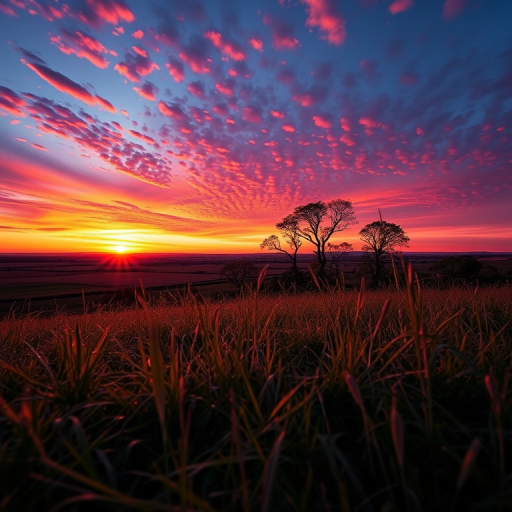 Create a high-resolution image of a serene landscape during sunset with vibrant colors, captured using a Canon EOS R5 at f/8, ISO 100, 1/200s, wide-angle lens, from a low angle view to emphasize the foreground scenery.