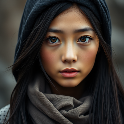 Create a portrait of a young japanese woman with long, dark hair and captivating hazel eyes. She is wearing a dark headscarf and a matching scarf draped gracefully around her neck. The background is softly blurred, focusing attention on her serene and natural expression. The overall color palette is muted and warm, enhancing the intimate and authentic feel of the portrait.