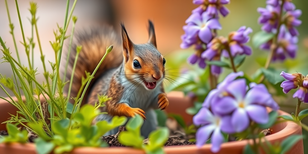 Capture a close-up shot of a squirrel in a flower pot surrounded by vibrant green plants and blooming purple flowers using a DSLR camera with a 50mm lens, aperture set to f/2.8 for a blurred background, ISO 200 for clarity, and soft natural lighting for enhanced detail.