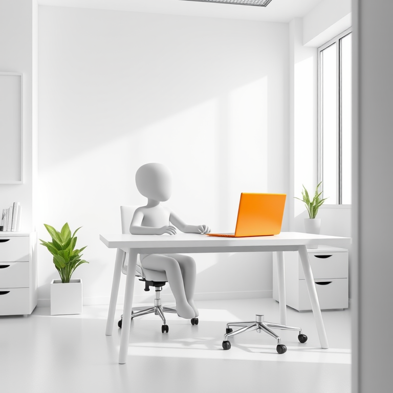 A minimalist white office scene featuring a 3D character with a neutral expression sitting at a modern white desk with an orange laptop, captured in a high-resolution close-up shot using a DSLR camera at f/2.8 aperture, ISO 100, and a 50mm lens in natural lighting for optimal clarity and detail.