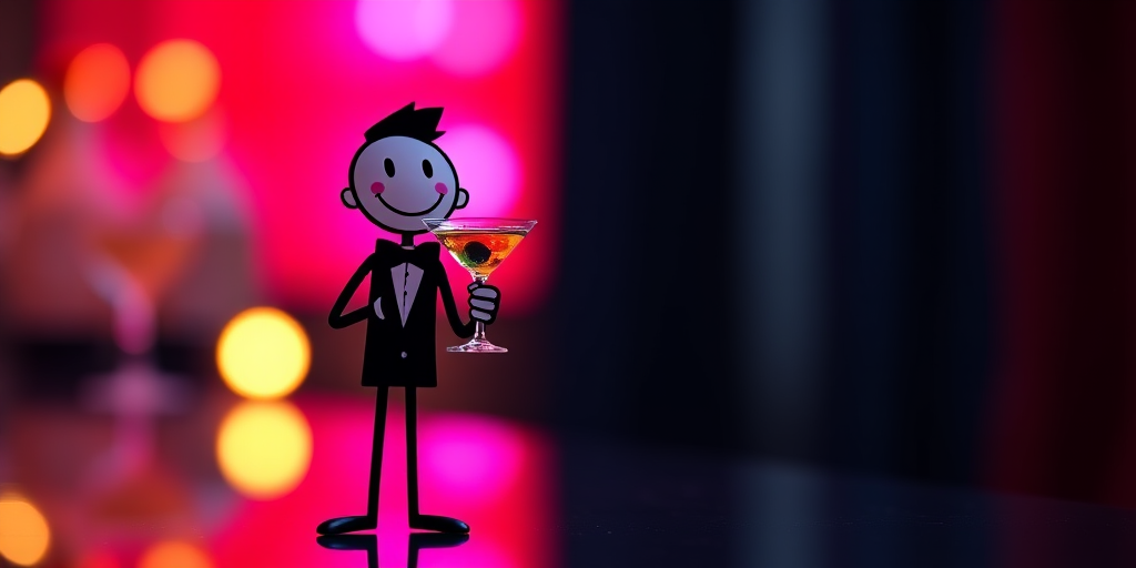 Create a vibrant, high-resolution image of a stick figure character in a tuxedo holding a cocktail glass with a cheerful expression, using a DSLR camera with a 50mm lens, f/1.8 aperture, ISO 100, and a soft-focus background for depth.