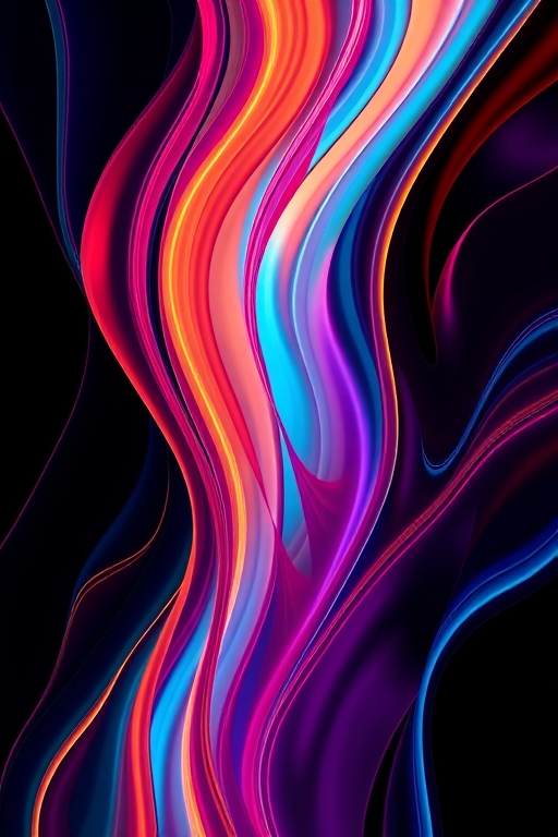 Create a high-resolution abstract image featuring flowing lines and vibrant colors, using a DSLR camera with a 50mm lens, aperture set to f/1.8, shutter speed at 1/200 sec, ISO 100, taken from a top-down view in a studio setting with controlled lighting for enhanced detail and clarity.