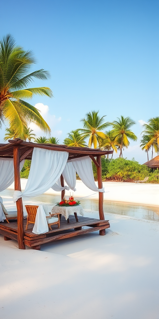 Create a picturesque tropical beach scene featuring a serene, white sandy shore. In the foreground, there's a rustic wooden canopy with white drapes gently flowing in the breeze. Underneath the canopy, a table is set with tropical decor, evoking a sense of relaxation and leisure. The beach extends into a calm, shallow water area with reflections of the sky and surroundings. Palm trees and lush greenery line the edge of the beach, providing a natural, tropical backdrop. The sky is clear with a few scattered clouds, and the overall atmosphere is tranquil and inviting, perfect for a peaceful retreat.