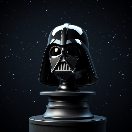 A highly detailed 3D render of a Darth Vader helmet on a rotating pedestal, set against a starry background, with dramatic lighting and shadows, using a Canon EOS R5 camera, 50mm lens, f/1.8 aperture, ISO 100, 1/60 sec shutter speed, and a softbox for lighting.
