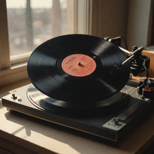 Close-up of a vintage vinyl record spinning on a turntable, soft natural light from a nearby window casting gentle shadows on the record, with album covers scattered in the background.