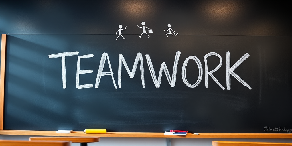 Create an image of a blackboard with the word "TEAMWORK" written in chalk and small stick figures above the text, captured with a DSLR camera at f/2.8 aperture, 1/60 shutter speed, 50mm lens, in a well-lit classroom setting with a shallow depth of field to enhance focus on the blackboard.