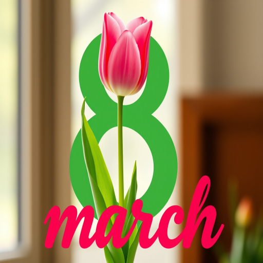 Create a vibrant illustration featuring the number 8 in green intertwined with a pink tulip, accompanied by the word "march" in a stylish red font, using a Canon EOS R5 camera, ISO 100, f/2.8, 50mm lens, shot in natural light, with a soft-focus background.