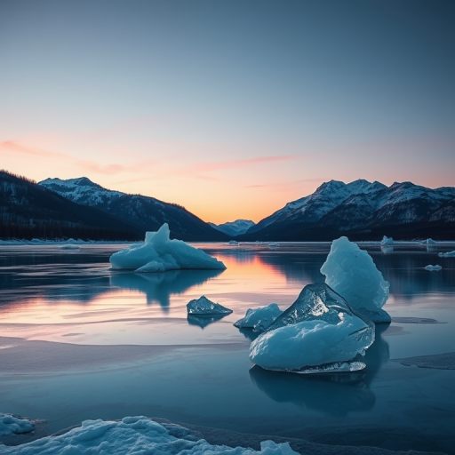 capture a serene frozen lake at twilight with icy formations in the foreground and mountains in the background, use a Canon EOS R with a 24mm lens, aperture f/8, ISO 100, shutter speed 1/60s, shot in landscape orientation to enhance details and color depth
