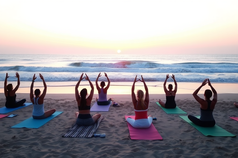 Peaceful yoga class on a beach at sunrise, participants in various poses on colorful mats, the waves gently crashing behind them, and the sky painted in soft hues of pink and orange.