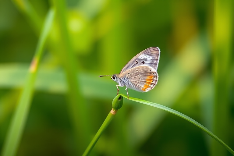 Generate an image of a small butterfly perched on a green grass blade. The butterfly has delicate, patterned wings with shades of gray and orange. The background is softly blurred with various shades of green, creating a serene natural environment.
