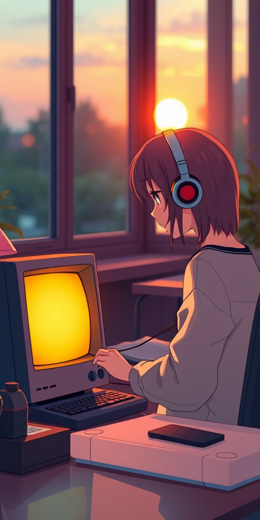 anime-style illustration of a girl sitting at a desk with headphones, focused on a vintage computer with a glowing screen, warm sunset light streaming through a window, soft bokeh background, DSLR camera, shallow depth of field, f/2.8, 50mm lens, ISO 100, soft natural lighting, vibrant color palette
