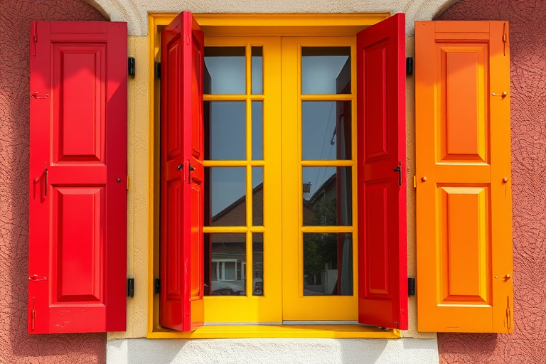Regenerate the image of a colorful window with red and yellow shutters open, captured with a DSLR camera at f/11, ISO 100, 1/250 sec, using a wide-angle lens from a viewpoint at eye level in natural daylight for enhanced clarity and vibrancy.