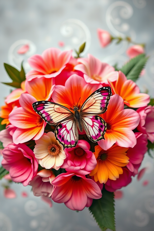 Create a vibrant floral arrangement with pink and orange flowers and a butterfly surrounded by elegant swirls, in a soft focus background with high-quality details, using a DSLR camera, aperture f/2.8, ISO 100, 50mm lens, top-down view, ensuring bright lighting and vivid colors.