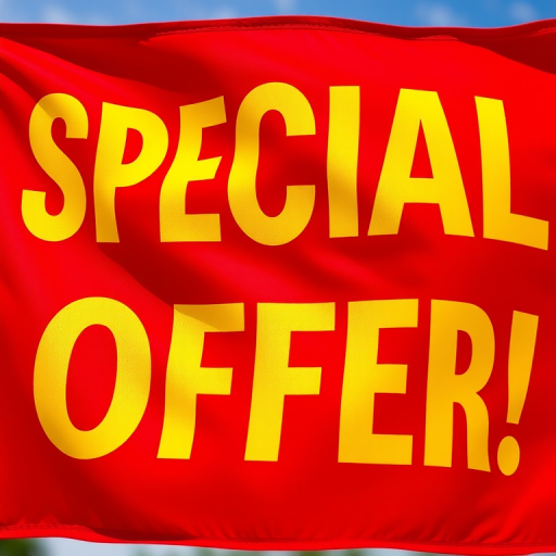 Create a vibrant image of a red flag with the text "SPECIAL OFFER!" in bold yellow letters, captured with a DSLR camera at f/8 aperture, ISO 100, 50mm lens, with a slight tilt from a low-angle view to add dynamism and clarity.