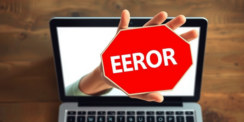 a digital illustration of a hand emerging from a laptop holding a red stop sign with the word ERROR in bold white letters, high resolution, 50mm lens, f/2.8 aperture, natural lighting, top-down view