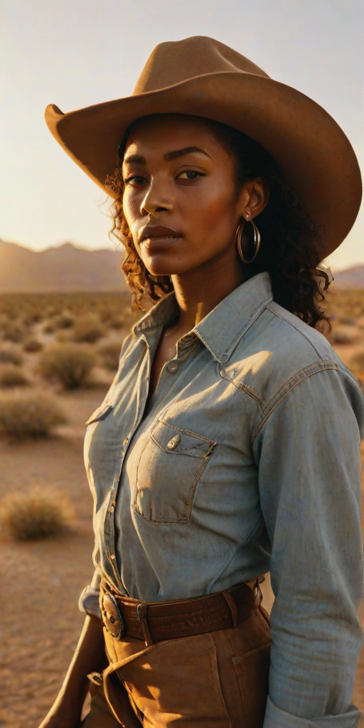 Dramatic photo of a beautiful Nubian woman, classic cowboy attire, confident and free spirit expression, half-length portrait, centered, golden hour desert landscape, warm, diffused light, low angle, medium format film camera, in style of Annie Leibovitz.