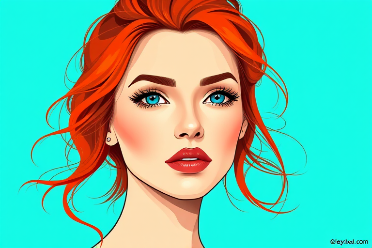 Create a digital illustration of a woman with vibrant red hair and a neutral expression, set against a bright turquoise background, using a Canon EOS R with a 50mm lens, aperture f/2.8, ISO 100, and natural lighting to enhance details and colors.