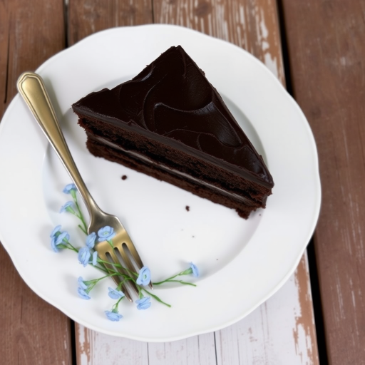 A slice of rich chocolate cake with layers of dark chocolate frosting on a white plate adorned with delicate blue flowers and a vintage fork on a rustic wooden table against a dark background.