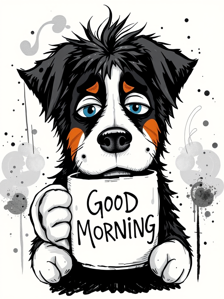 A quirky, artistic illustration of a disheveled greater swiss mountain dog with exaggerated, large eyes and spiky fur, holding a coffee mug that reads "Good Morning". The dog has a tired but humorous expression, with ink splatters and abstract details surrounding it, giving a whimsical feel to the image. The color palette is mostly monochrome with hints of blue in the eyes and steam rising from the mug, enhancing the overall sleepy vibe