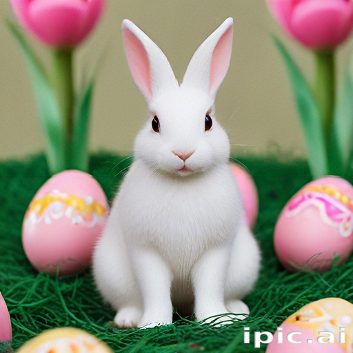 Adorable White Bunny Surrounded by Colorful Easter Eggs and Flowers