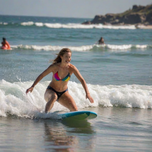 Blurry action shot of a woman surfing on a sunny day, riding a wave with confidence, surrounded by sparkling water, and colorful beach umbrellas softly blurred on the shore.