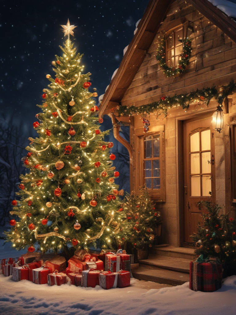A Cozy Winter Scene Featuring a Beautifully Decorated Christmas Tree ...