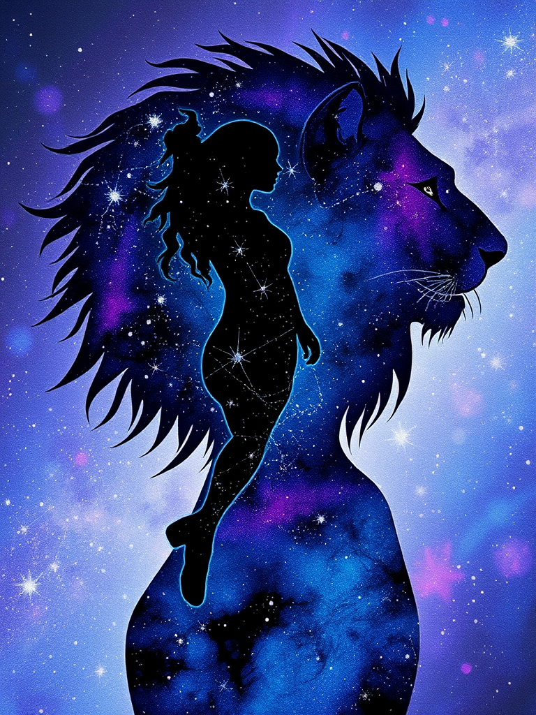 Captivating conceptual render alcohol ink art, double exposure, the paint strokes artfully merge combining a woman's full silhouette with a Loping coyote's silhouette. The figures are composed of a series of colored dots, lines & spots that evoke the image of a cosmic galaxy, colors are deep shades of blue purple & black with flashes of white & silver representing distant stars. The woman's silhouette is formed within the lion's silhouette from constellations of scattered stars, surreal