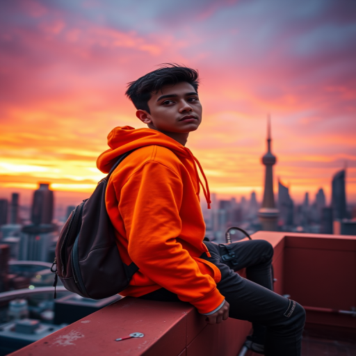 portrait of a young person sitting on a rooftop ledge overlooking a futuristic city skyline at sunset, vibrant orange and purple sky, wearing a bright orange hoodie and a stylish backpack, captured with a Canon EOS R5, 50mm lens, f/1.8, ISO 100, natural light, shallow depth of field, emphasizing the subject with a slightly blurred background for depth.